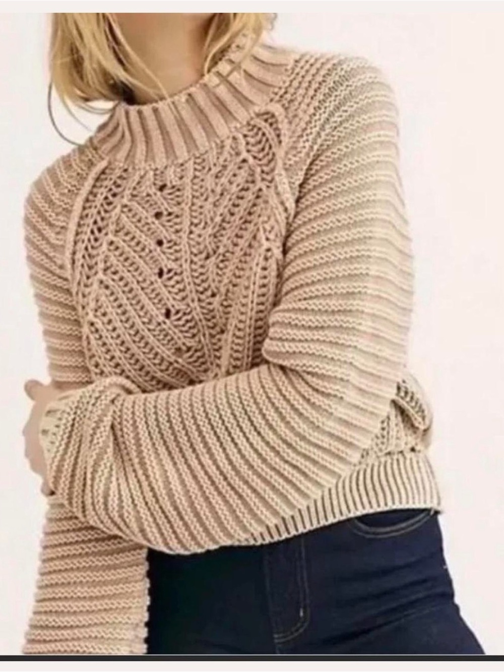 Free People Sweetheart Cropped Rib-Knit Sweater Sandcastle Tan Size Large - Picture 2 of 7